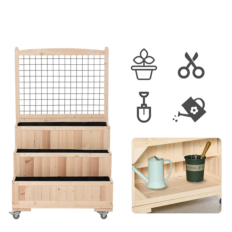 바퀴가 달린 3단 나무 제기 정원 침대, 격자, 뒤 수납 공간, 꽃, 허브, 자연을 위한 쉬운 이동 가능