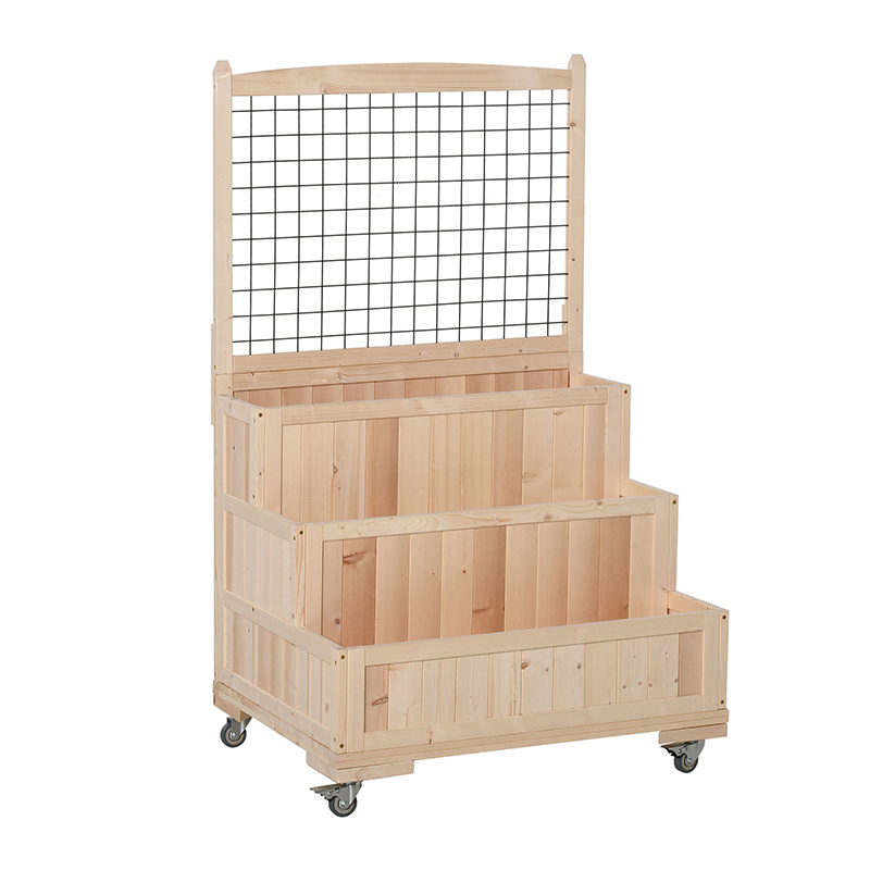 바퀴가 달린 3단 나무 제기 정원 침대, 격자, 뒤 수납 공간, 꽃, 허브, 자연을 위한 쉬운 이동 가능