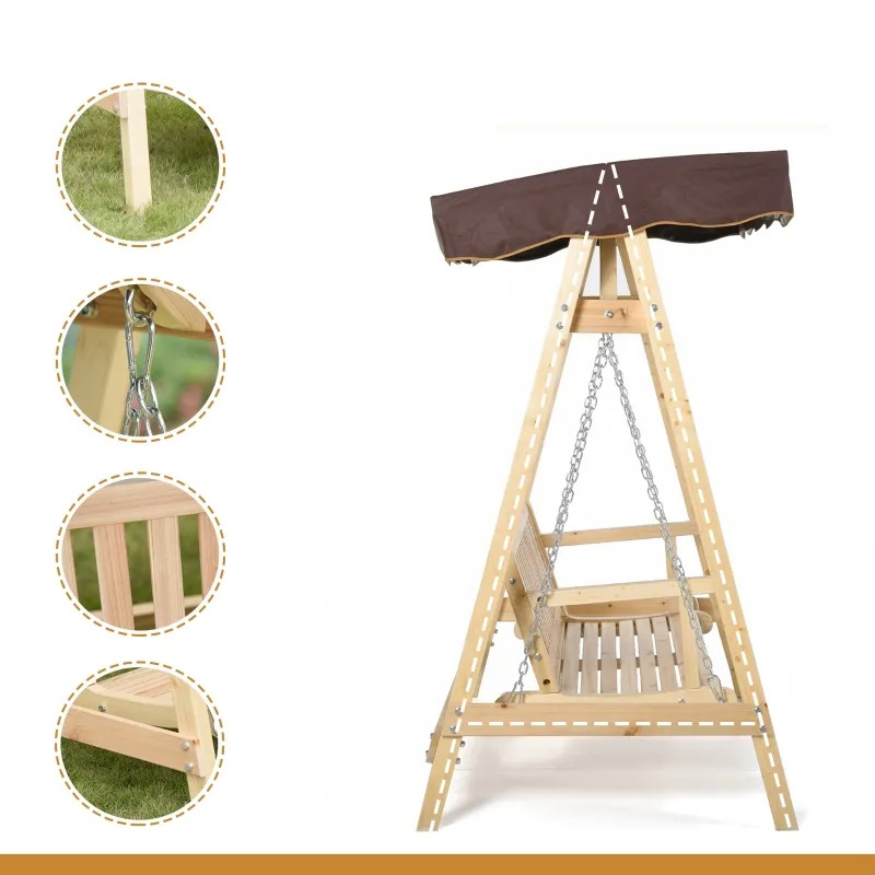 나무 스탠드, 강력한 A-프레임 디자인 및 조절 가능한 방수 캐노피가 있는 2인용 야외 스윙 베란다 스윙