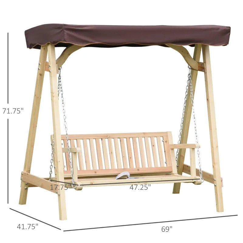 나무 스탠드, 강력한 A-프레임 디자인 및 조절 가능한 방수 캐노피가 있는 2인용 야외 스윙 베란다 스윙