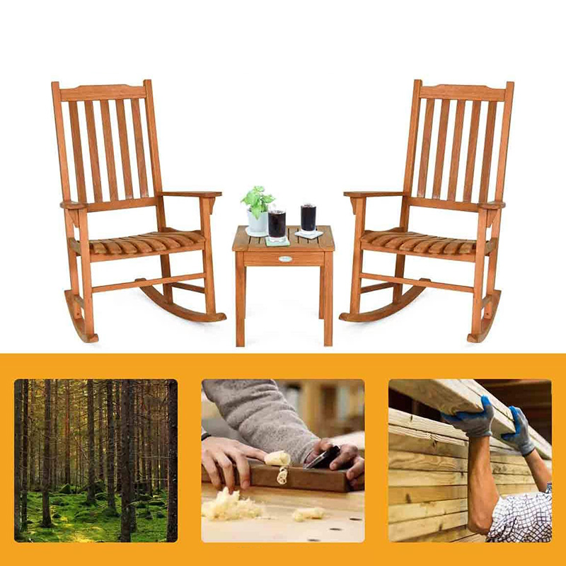 3 PCS 포플러 나무 흔들 의자 세트 W/커피 테이블 2 나무 대화 의자