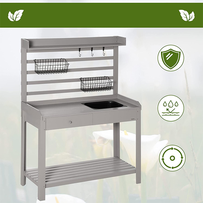 포팅 벤치 테이블, 정원 워크스테이션 w/ 체 스크린, 이동식 싱크 및 바구니