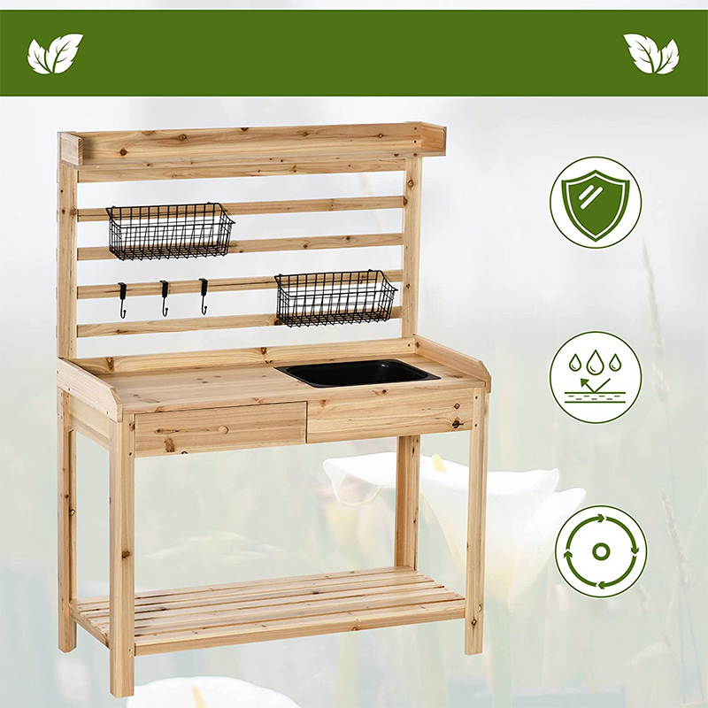 포팅 벤치 테이블, 정원 워크스테이션 w/ 체 스크린, 이동식 싱크 및 바구니