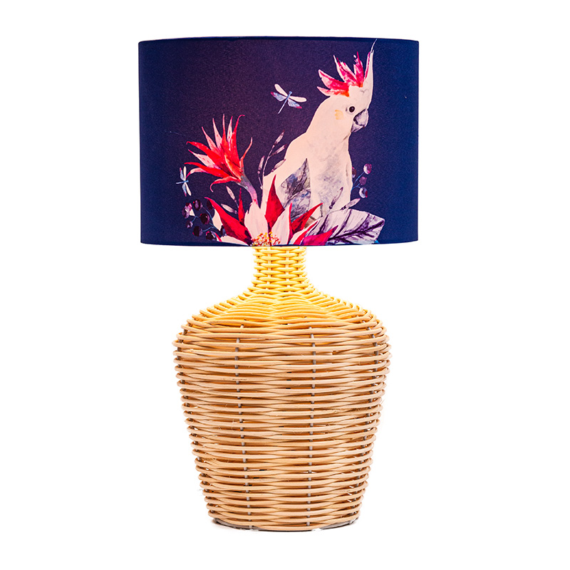 26.5' 천연 등나무/황동/화이트 패브릭 그늘이 있는 대형 대형/등나무 테이블 램프