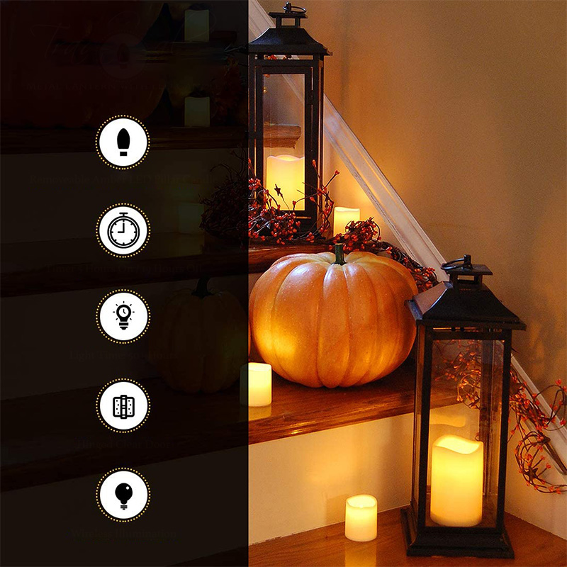 배터리로 작동되는 양초가 있는 메탈 랜턴 - 전통적 블랙, 17' 랜턴